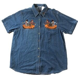VTG Bobbie Brooks Fall Embroidered Jean‎ Shirt Women XL Blue Scarecrow Pumpkins